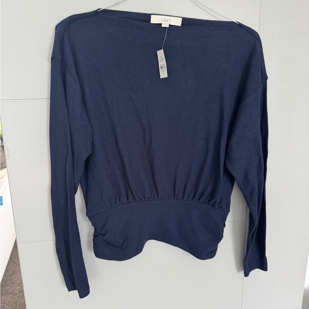 LOFT Navy Long Sleeve Gathered Waist Sweater, NWT